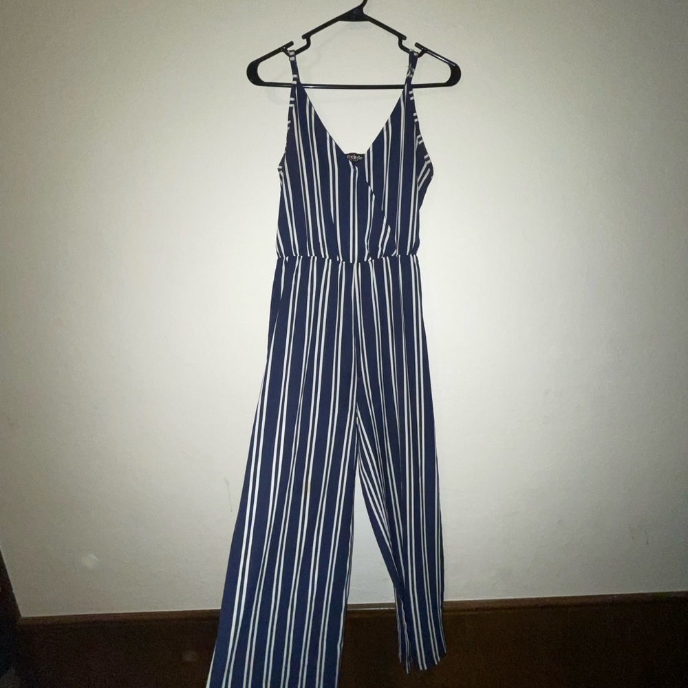Navy blue and white stripped jumpsuit.
